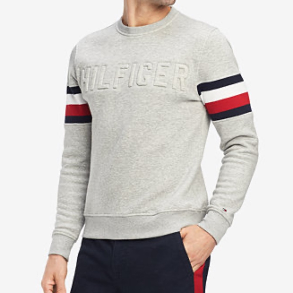 Tommy Hilfiger Gray Crewneck Sweater with Red and Blue Stripes